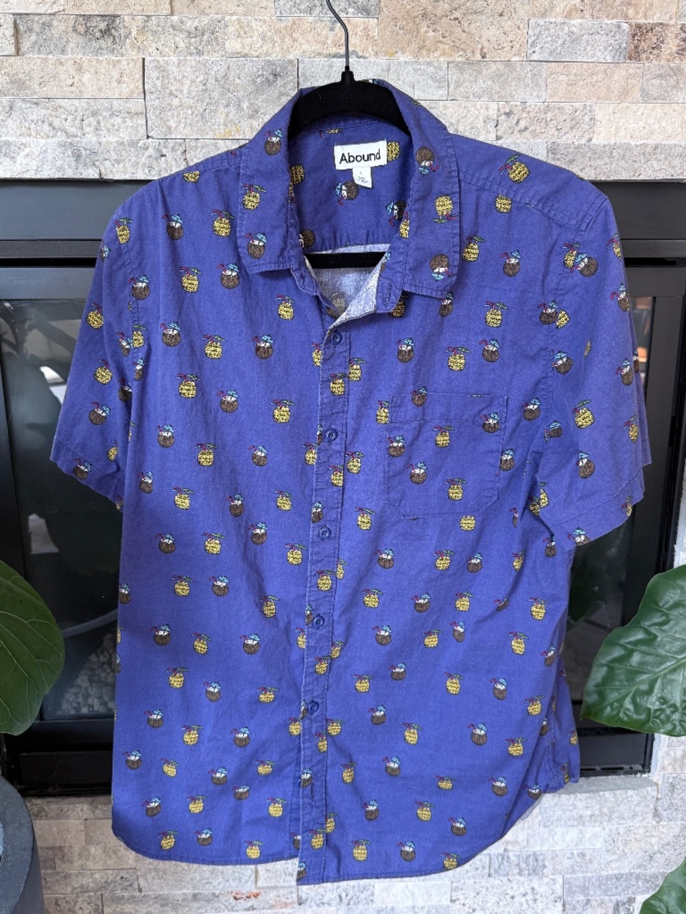 Abound Button Down Short Sleeve Shirt with Pineapple and Coconut drink graphic